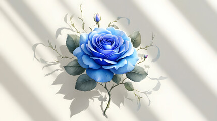 
A close-up view of a single blue rose, showcasing its stem and lush green leaves.