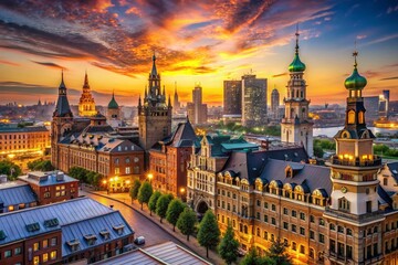 Naklejka premium Panoramic Border City Skyline, Urban Architecture, Cityscape Photography, Stunning Aerial View, Modern Buildings, Architectural Wonders