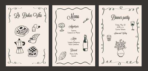Elegant hand drawn vector menu template. Ink doodle food and meal in vintage style. Line art hand drawn party invitation.