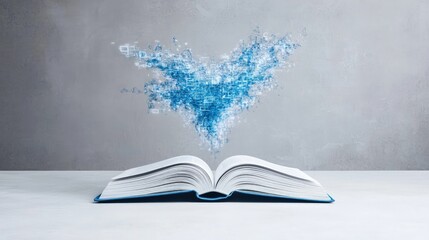 Naklejka premium Open book with blue abstract heart-shaped particles emanating from its pages against a gray background.
