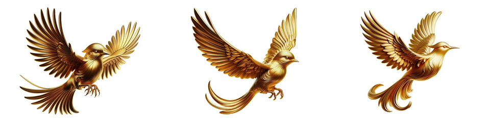 Obraz premium Metallic Golden Bird Trophy In Flight With Shiny Glossy Wings. High resolution golden bird in metallic finish with wings in flight detailed illustration