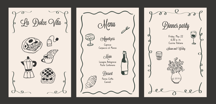 Elegant hand drawn vector menu template. Ink doodle food and meal in vintage style. Line art hand drawn party invitation.