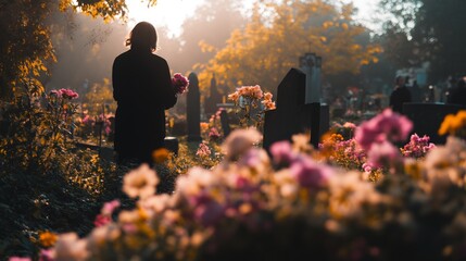 A tranquil moment in a serene cemetery. The soft glow of sunlight filters through the trees. Flowers bloom vibrantly. Reflecting on life and memories. Generative AI