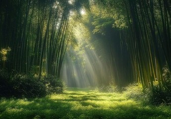 Fototapeta premium Beautiful bamboo forest in China, sunlight shining through the dense green leaves of tall trees
