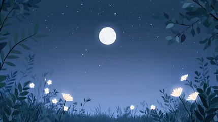 Naklejka premium Serene night scene with full moon, stars, and glowing wildflowers.