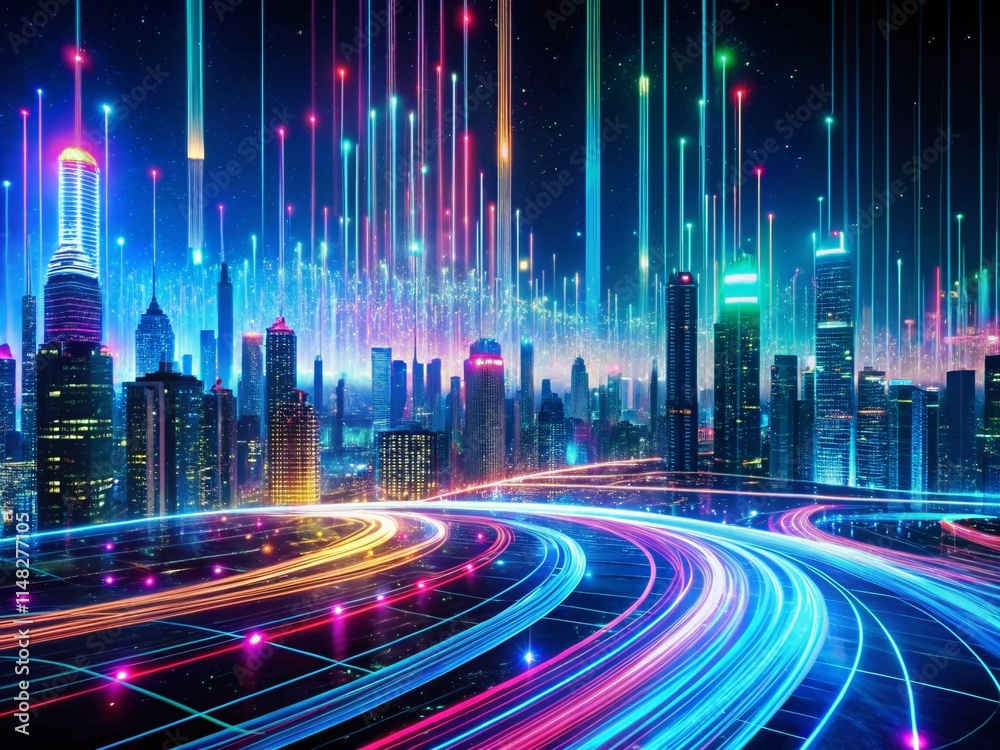 Poster panoramic coding background: abstract digital landscape, software development, programming wallpaper