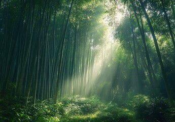 Obraz premium Beautiful bamboo forest in China, sunlight shining through the dense green leaves of tall trees