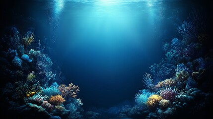 Naklejka premium Underwater Coral Reef Scene with Sunlight Beams