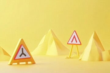 3D illustration of minimal project management featuring clean yellow warning signs