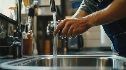 A skilled plumber is working on an indoor plumbing system, ensuring efficient and reliable water flow for a modern kitchen sink. The plumber is focused on the task, demonstrating expertise  