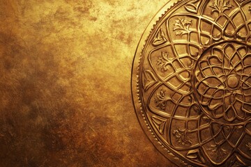 A gold circle with a design on it. The circle is surrounded by a gold border