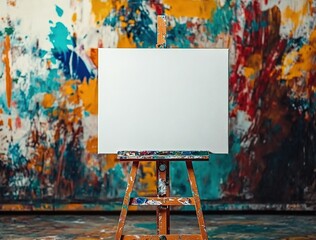 Easel with a blank white canvas in the center of the artist's studio, with a colorful abstract art background.