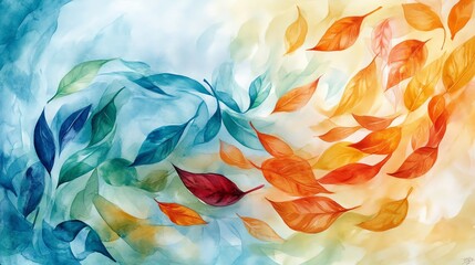 Watercolor abstract art of colorful autumn leaves swirling in the wind.--ar 16:9
