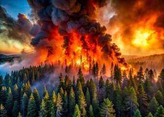 Panoramic Forest Fire: Burning Inferno, Wildfire Landscape, Blaze Photography