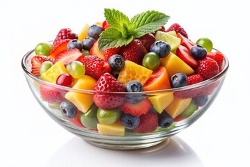 Panoramic Fruit Salad Photography: Vibrant Glass Bowl, White Background