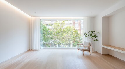 Fototapeta premium Minimalist bright room with large window, hardwood floor, armchair, and plant.