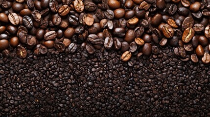 Fototapeta premium Close-up of roasted coffee beans on a dark textured surface