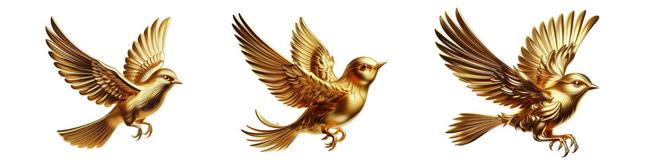 Peaceful Golden Bird Symbol With Metallic Wings And Glossy Finish. Gold bird in metallic glossy with wings in flight as symbol of peace and freedom in high resolution art