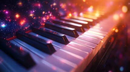 Floating 3D piano keys with glowing notes in a cosmic-themed mesmerizing background