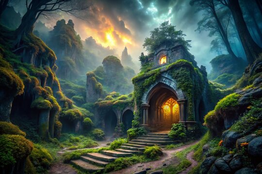 Panoramic Gruft und B&ouml;se: Dark Fantasy Landscape, Mysterious Cave Entrance, Gothic Architecture, Epic Scenery