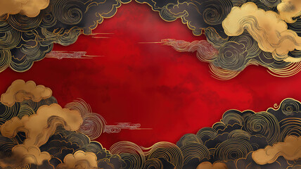 Elegant Asian-Inspired Design with Gold and Black Clouds on Red Background. A captivating backdrop featuring intricate gold and black cloud patterns on a rich red background.