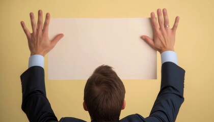 Man holding a blank sheet against a yellow wall in a business setting.