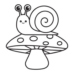 coloring page outline of cartoon cute snail sits on a mushroom. colorful vector illustration, summer coloring book for kids