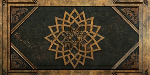 A gold and black design with a flower in the center. The flower is surrounded by a circle of smaller circles