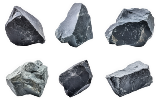 Six Irregular Grey Slate Rock Specimens Isolated, on transparent background