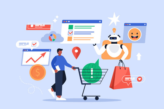 Artificial intelligence tool for customer journey mapping business concept. Modern vector illustration of people using AI technology for customer support and marketing