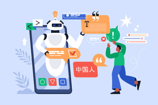 Artificial intelligence tool for supporting multi language business concept. Modern vector illustration of people using AI technology for customer support