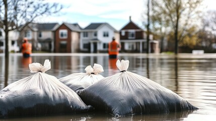 Flood Protection Sandbags with flooded homes in the background (Montage)
