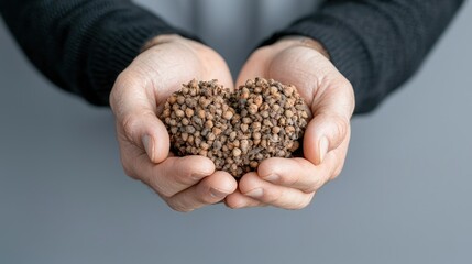 Two hands cupping a heart-shaped object made of small brown seeds.