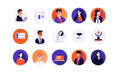 Fototapeta premium A series of minimalist portrait icons with a round background and smooth edges, displaying men and women in business attire. 