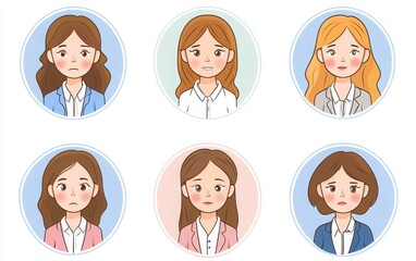 A series of business women depicted in various emotional states: happy, sad, angry, and cute. These icons feature a minimalist, flat design in pastel colors