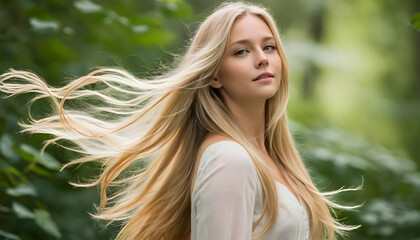 Naklejka premium Blond Woman with Flowing Hair in a Lush Green Forest Setting A Captivating Portrait of Feminine Beauty and Natural Elegance