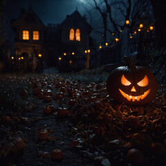 Feiertage - Spukhaus mit leuchtenden K&uuml;rbisgesichtern bei Nacht