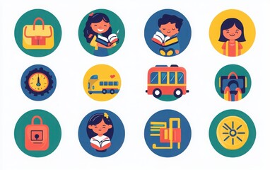 A set of school icons in flat design style with simple shapes and bright colors. The icons include a cartoon teacher holding a book, a student reading, a bus on the road, a backpack icon