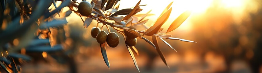 A close-up of an olive tree branch with ripe olives, set against the backdrop of an expansive olive plantation during sunset. 