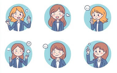 A set of vector illustrations featuring business women with various emotions such as happiness, sadness, anger, and cuteness. Each icon is designed with simple line art