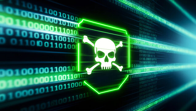 This illustration of a 'Skull and Crossbones' set on a 'Binary Code' background is a fine example of the Hacer Style, depicting a high-tech data stream