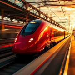 Fototapeta premium High-speed train, sleek red design, train station platform