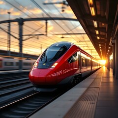 Fototapeta premium High-speed train, sleek red design, train station platform