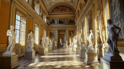 Fototapeta premium Sunlit gallery showcasing classical sculptures on marble pedestals.