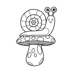 Coloring page with cute snail and mushrooms in grass for kids, kawaii black and white cartoon insects themed educational worksheet for print, game for preschoolers