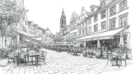 Fototapeta premium A detailed line drawing of a lively outdoor café scene in a European town.