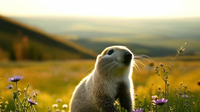 A cute fluffy marmot crawled out of its hole among the mountains and rocks on a sunny spring day. zoom in, zoom out, pan or make 360 photo, animate, pan right