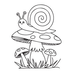 Coloring page with cute snail and mushrooms in grass for kids, kawaii black and white cartoon insects themed educational worksheet for print, game for preschoolers