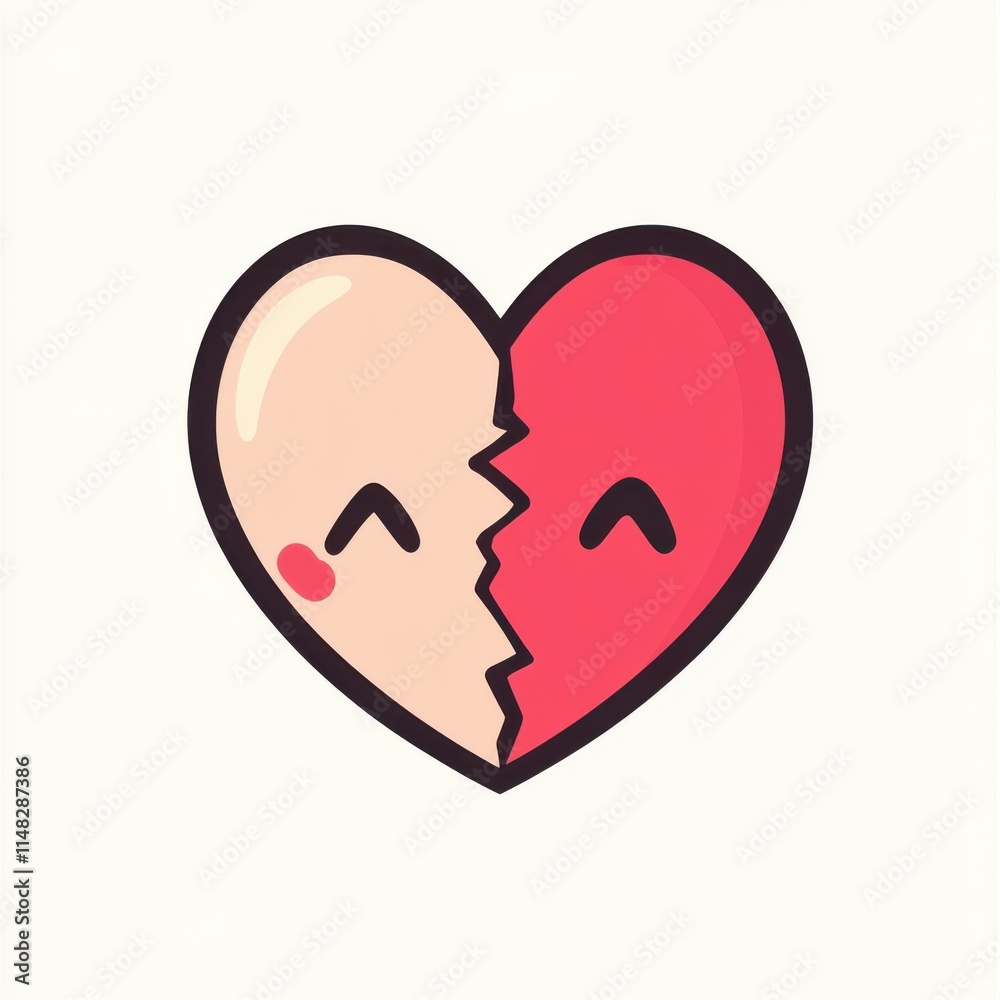 Poster cute broken heart of two halves in smiley face style, simple vector logo design in minimalist style,
