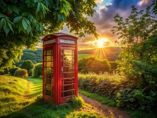 Panoramic Vintage Red Telephone Booth, Retro Phone, Classic Communication, Old Landline, Red Phone Box, Antique Telephone,  Nostalgic Image,  Retro Communication